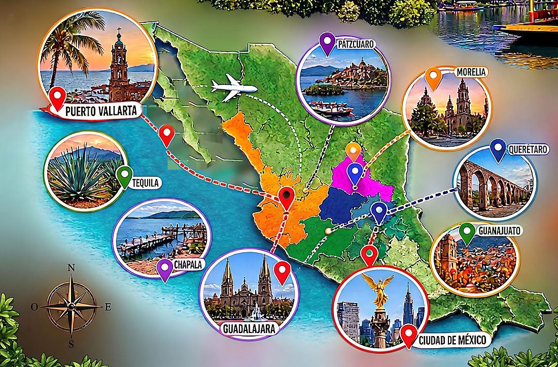 Mapa de la ruta privada de 8 días entre Ciudad de México, Guadalajara y Puerto Vallarta